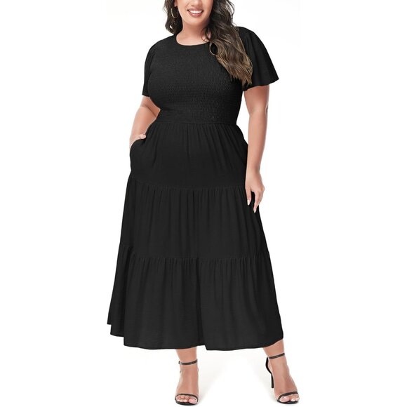 Women's Plus Size Maxi Dress Soft Flutter Short Sleeve Elastic Waist Casual - Picture 1 of 5
